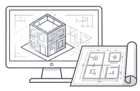 Ilustración de modelado BIM en pantalla y plano